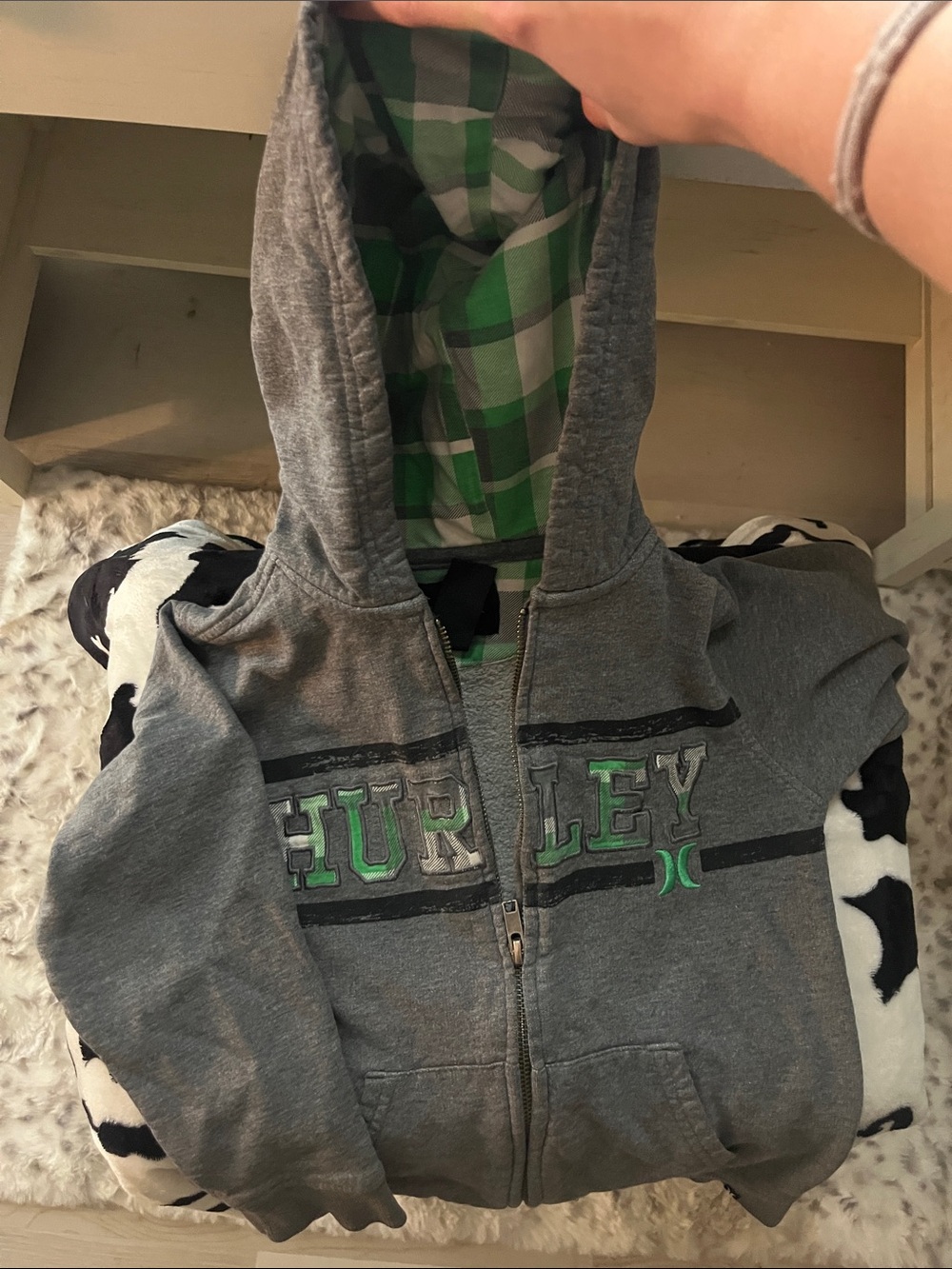 Hurley Gray Hoodie with Green Plaid Lined Hood